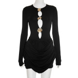 Autumn/Winter Women's Sexy Ring Cut-Out Metal Decoration Design Long Sleeve Bodycon Dress