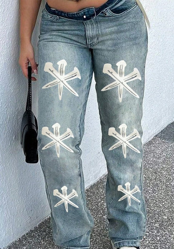 Women's High Street Plus Size Print Denim Pants
