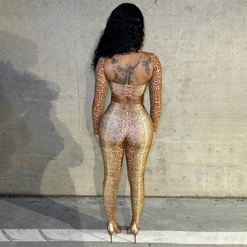 Autumn/Winter Women's High Neck Halter Neck Snake Print Crop Top with Tight Slim Pants Set