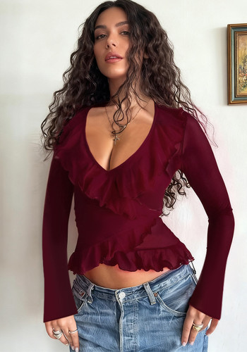 Autumn Women's Casual Ruffled  Lace-Up Long Sleeve T-Shirt