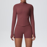 Women's Seamless Solid Color Tight-Fitting High Stretch Breathable Zipper Running Fitness Two-Piece Set