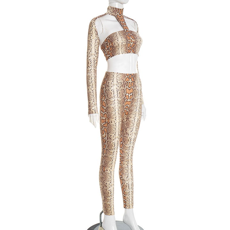 Autumn/Winter Women's High Neck Halter Neck Snake Print Crop Top with Tight Slim Pants Set
