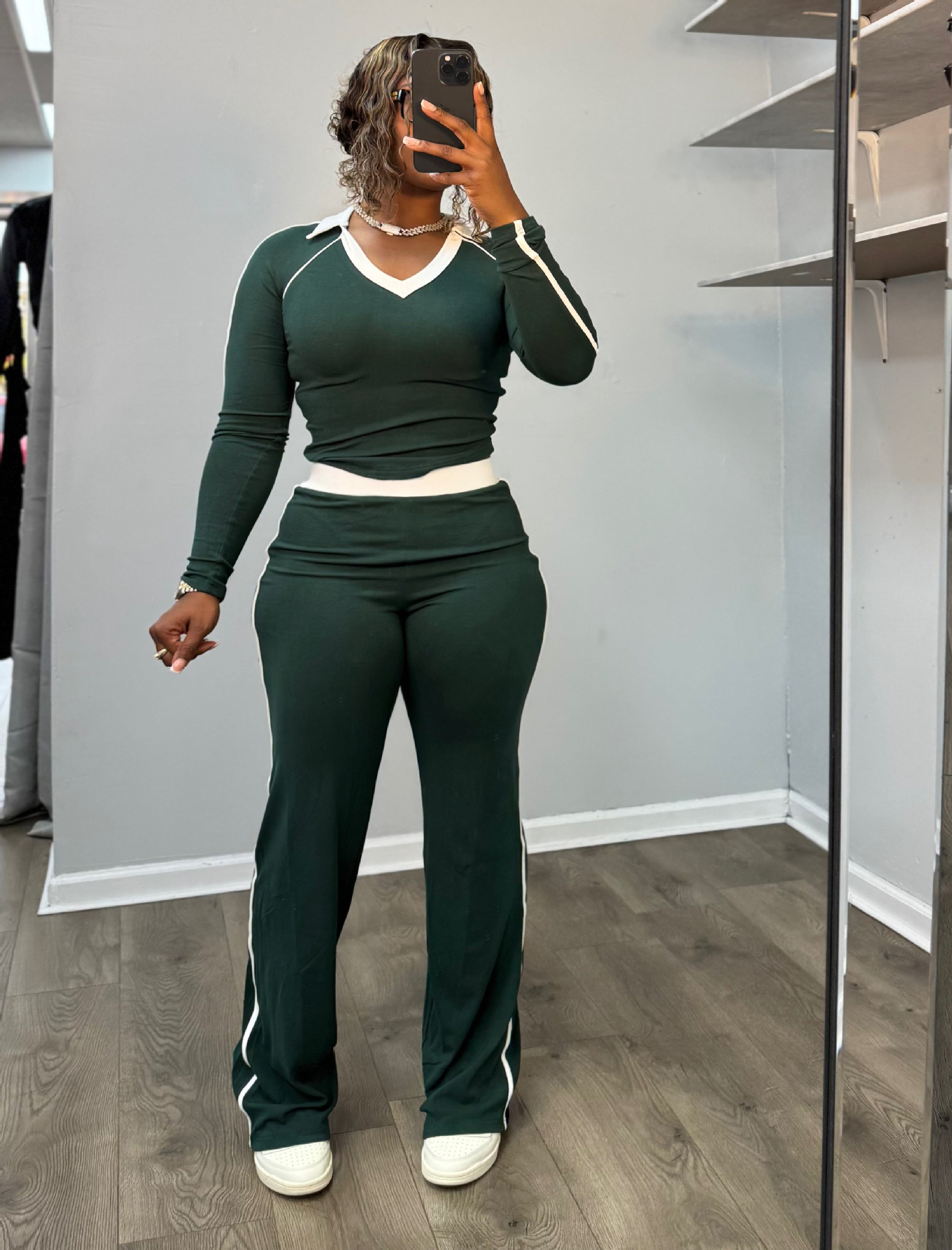 Women's Fashion Sport Casual Color Block Patchwork Turndown Collar High-Waist Two Piece Pants Set