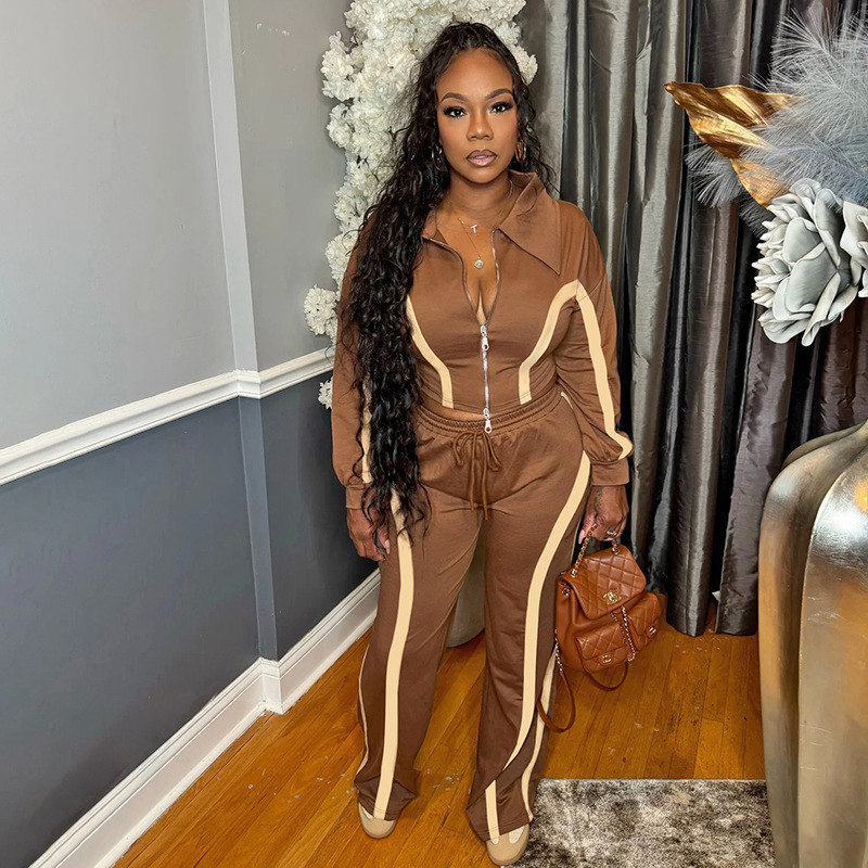 Women's Casual Sport Color Block Turndown Collar Zipper Top with Drawstring Wide-Leg Pants Set