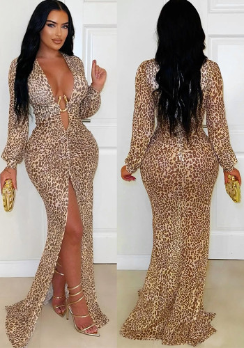 Women's Fashion Sexy Deep V Leopard Print Slit Bodycon Dress