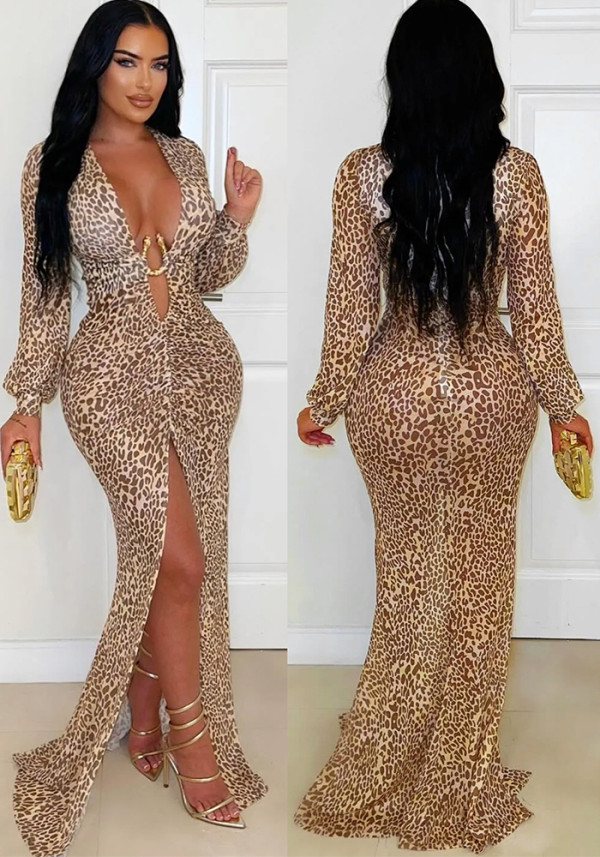 Women's Fashion Sexy Deep V Leopard Print Slit Bodycon Dress