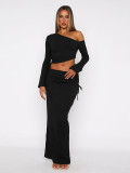 Autumn/Winter Women's Chic Solid Color Slash Shoulder One-Shoulder Crop Long Sleeve Top with Bodycon Skirt Set