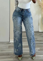 Women's Washed Denim Fringe Cross Hip-Hop Straight Leg Ankle Pants