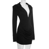 Autumn/Winter Women's Solid Color Sexy Deep V-Neck Pleated Slim Waist Chic Blazer Dress
