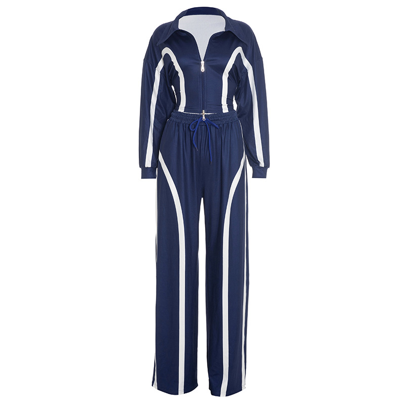 Women's Casual Sport Color Block Turndown Collar Zipper Top with Drawstring Wide-Leg Pants Set