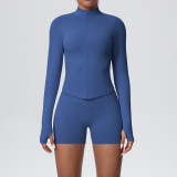 Women's Seamless Solid Color Tight-Fitting High Stretch Breathable Zipper Running Fitness Two-Piece Set