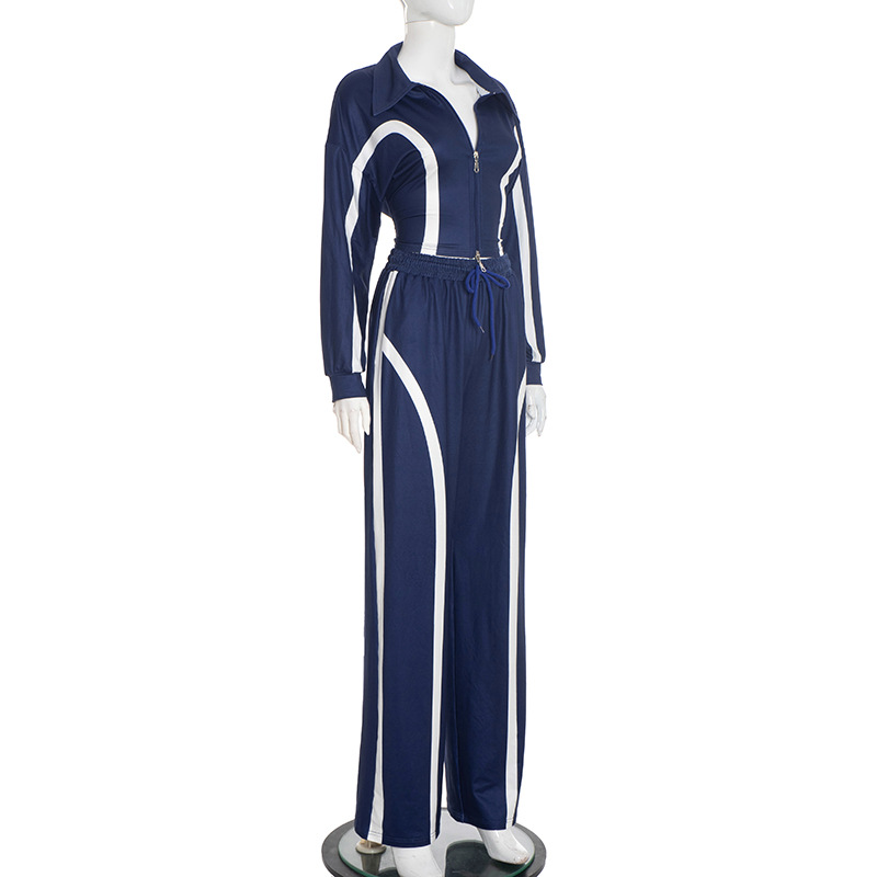 Women's Casual Sport Color Block Turndown Collar Zipper Top with Drawstring Wide-Leg Pants Set