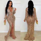 Women's Fashion Sexy Deep V Leopard Print Slit Bodycon Dress