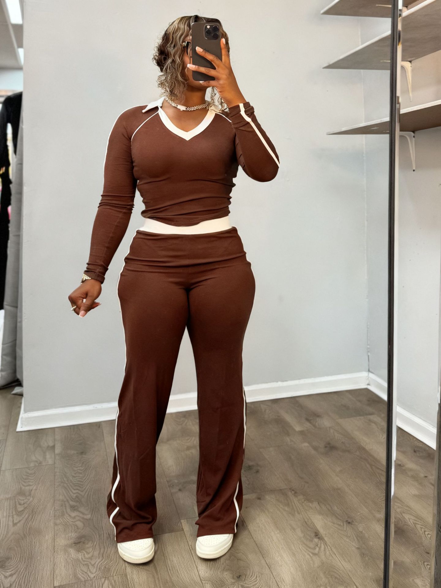 Women's Fashion Sport Casual Color Block Patchwork Turndown Collar High-Waist Two Piece Pants Set