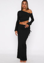 Autumn/Winter Women's Chic Solid Color Slash Shoulder One-Shoulder Crop Long Sleeve Top with Bodycon Skirt Set