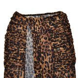 Women autumn leopard print see-through sexy backless long-sleeved top and pant two-piece set