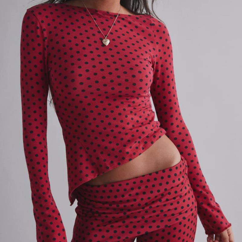 Women Autumn Solid Polka Dot Long Sleeve Short Irregular Top and Pants Two-Piece Set