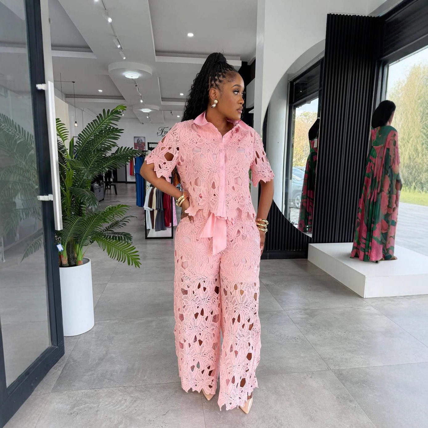 Women Elegant Hollow-Out Lace Top and Pant Two-Piece Set