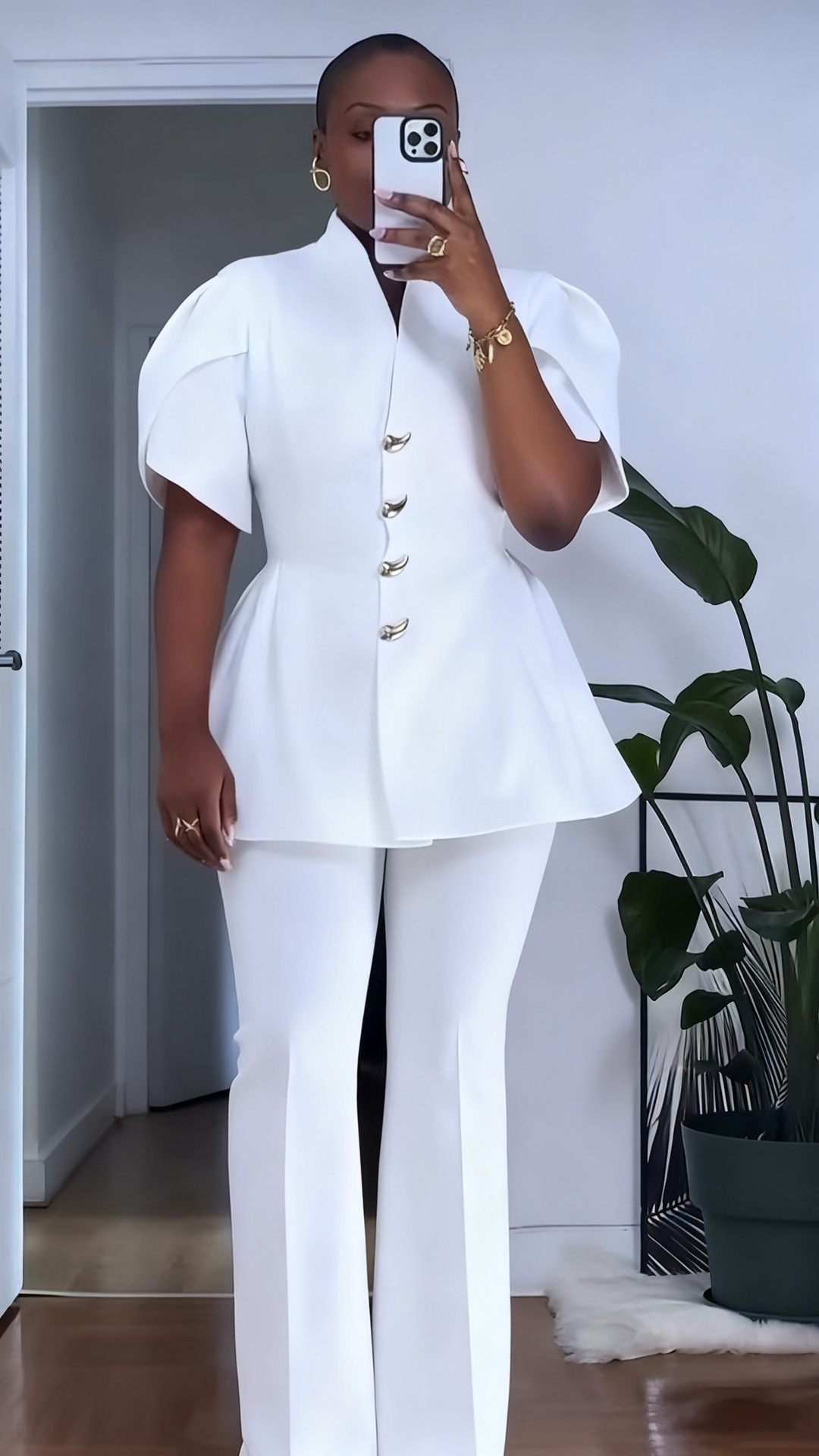 Women Elegant Puff Sleeve Button Top and Pant Two-Piece Set