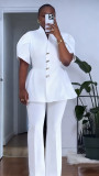 Women Elegant Puff Sleeve Button Top and Pant Two-Piece Set