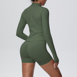 Women's Seamless Solid Color High Stretch Breathable Short Jacket Sport Running Fitness Three-Piece Set