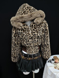 Women Furry Casual Leopard Print Hooded Jacket