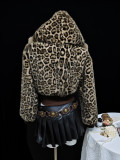Women Furry Casual Leopard Print Hooded Jacket