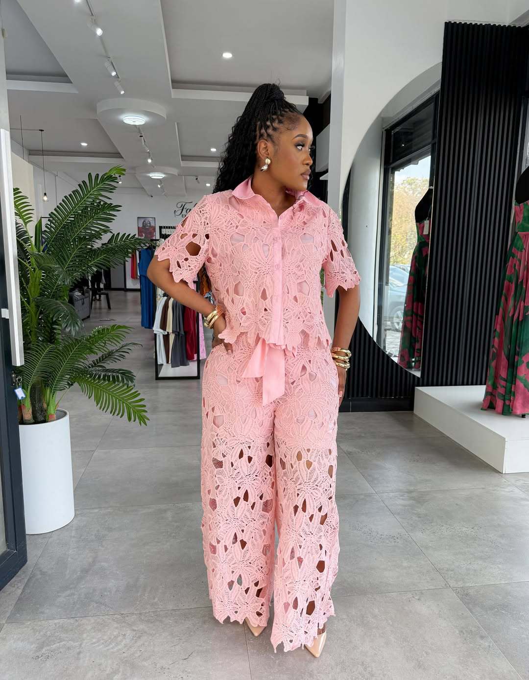 Women Elegant Hollow-Out Lace Top and Pant Two-Piece Set