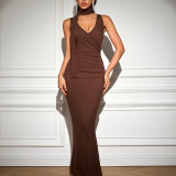 Women Mesh Sleeveless Sexy V-Neck Pleated Bodycon Maxi Dress