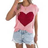 Women Spring/Summer Color Block Heart Print Casual Knitting Top