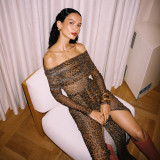 Women autumn leopard print see-through sexy backless long-sleeved top and pant two-piece set