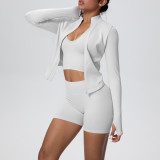 Women's Seamless Solid Color High Stretch Breathable Short Jacket Sport Running Fitness Three-Piece Set