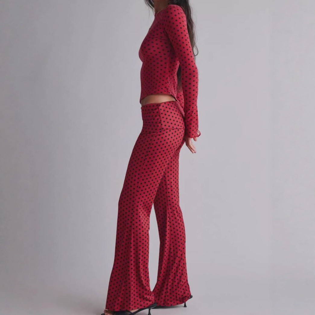 Women Autumn Solid Polka Dot Long Sleeve Short Irregular Top and Pants Two-Piece Set