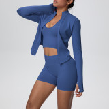 Women's Seamless Solid Color High Stretch Breathable Short Jacket Sport Running Fitness Three-Piece Set