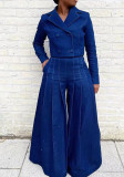 Women autumn/winter denim turndown collar top and wide-leg pants two-piece set