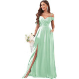Women Off-Shoulder Bridesmaid Wedding Chiffon Sexy Ruffled Evening Gown（Processing time need 3-6 days）