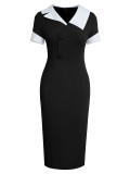 Women Short Sleeve Color Block Neck Dress