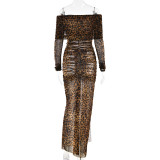 Women autumn leopard print see-through sexy backless long-sleeved top and pant two-piece set