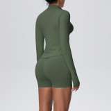 Women's Seamless Solid Color High Stretch Breathable Short Jacket Sport Running Fitness Three-Piece Set