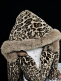 Women Furry Casual Leopard Print Hooded Jacket