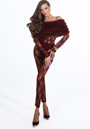 Women autumn/winter sexy off-shoulder Furry patchwork Lace Jumpsuit