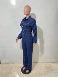 Women Stretchy Bell Bottom Long-Sleeve Denim Jumpsuit