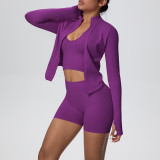 Women's Seamless Solid Color High Stretch Breathable Short Jacket Sport Running Fitness Three-Piece Set