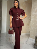 Women Elegant Puff Sleeve Button Top and Pant Two-Piece Set