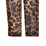 Women autumn leopard print see-through sexy backless long-sleeved top and pant two-piece set