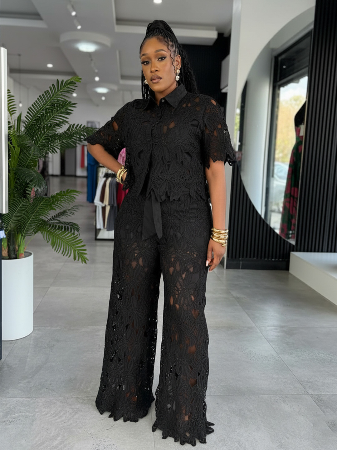 Women Elegant Hollow-Out Lace Top and Pant Two-Piece Set