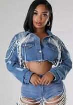 Women pearl chain beaded denim jacket
