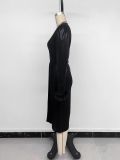 Women Autumn Sexy Elegant V-Neck Black Slit Dress