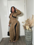 Women Autumn/Winter Sporty Color Block Casual Half-Open Long-Sleeve Jumpsuit