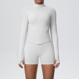 Women's Seamless Solid Color Tight-Fitting High Stretch Breathable Zipper Running Fitness Two-Piece Set